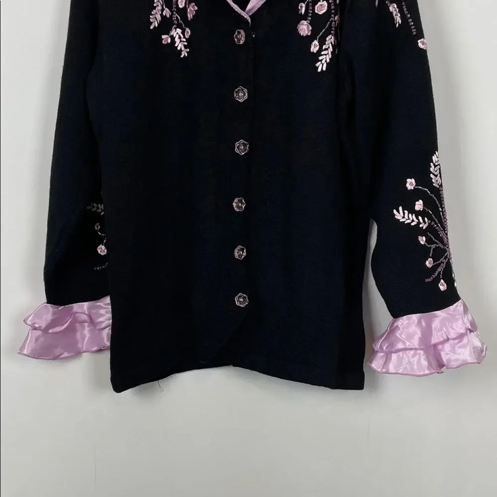 Storybook Knit Vtg Black Button Cardigan Sweater Pink Embroidery Satin Trim L